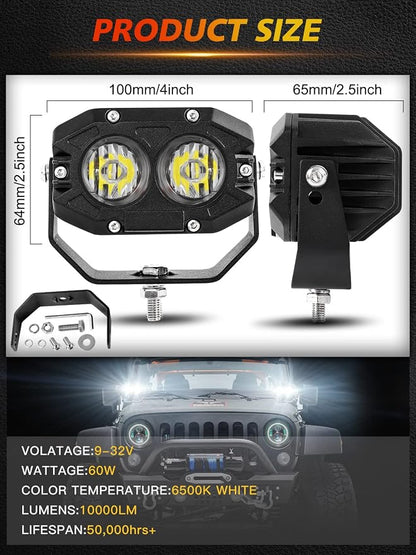 MAYELLO 4 Inch Led Pods 60W Flood Lights Corrugated Lens Led Offroad Driving Light Fog Light with Pod Light Wiring Harness Compatible with Wrangler Truck Pickup SUV ATV UTV Motor Car Boat