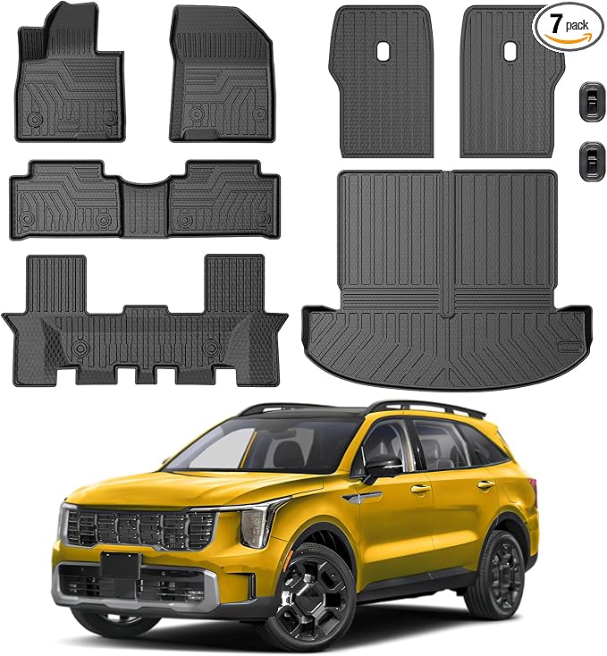 KUST Floor Mats Set for Kia Sorento 2021-2025 2026 (6 Seater, Not for Hybrid), All Weather Rear Trunk Cargo Liner with 2nd Row Back Seat Protector Full Set Car Mats Accessories TPE Rubber Raised Edge