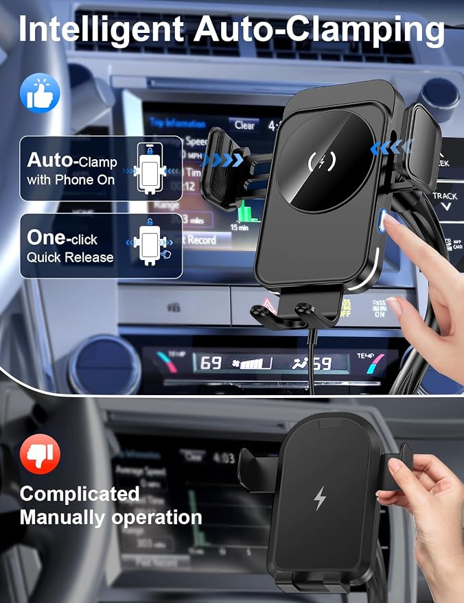Cup Holder Phone Mount, [Auto Clamping] 2 in 1 Wireless Car Charger Holder Fast Charging, 15W with Quick Extension Long Arm, Fast Swivel Adjustable, 360° Rotatable for iPhone 17/16/15/14/13/12 pro/12