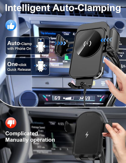 Cup Holder Phone Mount, [Auto Clamping] 2 in 1 Wireless Car Charger Holder Fast Charging, 15W with Quick Extension Long Arm, Fast Swivel Adjustable, 360° Rotatable for iPhone 17/16/15/14/13/12 pro/12