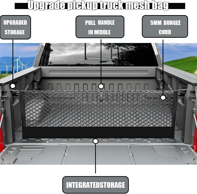 Envelope Style Truck Bed Cargo Net Compatible with Dodge Ram 1500 2019-2024 2025 2026,Highly Elastic Truck Cargo Net for Ram 1500 Accessories, Upgraded Storage Bag & Heavy Duty Carabiners