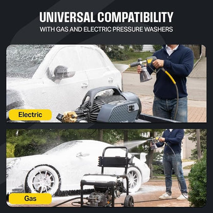 Active Foam Cannon with ¼ inch quick connector for Electric and Gas Pressure Washers. Wide-mouth bottle and variable spray to generate thick snow foam spraying for home DIY car wash & detailing (JH70)