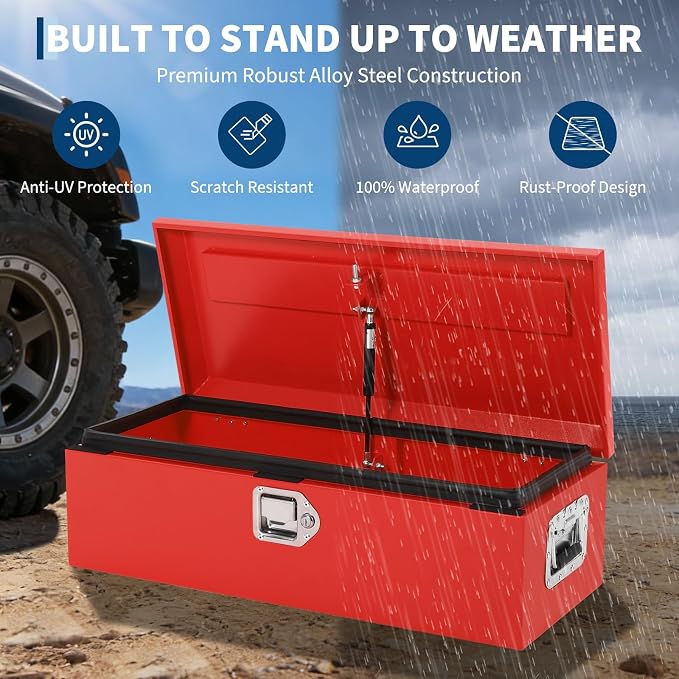 Heavy Duty Steel Metal Tool Box 39" for Truck Bed, Locking Plate Crossbed Storage Chest with Gas-Strut Assisted Lid, Weather-Resistant Truck Bed Tool Box for Pickup, Trailer, RV