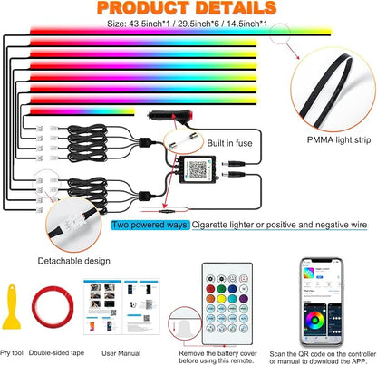 Jushope Interior Car LED Strip Lights, Acrylic LED Lights for Car with Dynamic Dreamcolor Chasing, Ambient Lighting Kits Music Sync Wireless APP and RF Remote Control (8 in 1)