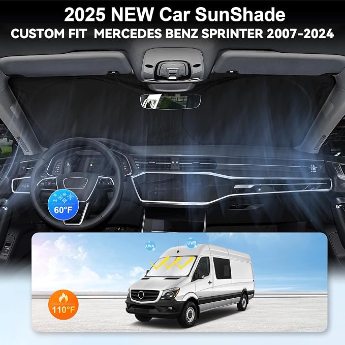 Custom Fit Benz Sprinter Windshield Sunshade for 2007-2025 2026 Mercedes Benz Sprinter Freightliner Cargo Crew Passenger Motorhome Accessories Window Shades Cover for Windshield Sun Visor Blocks UV