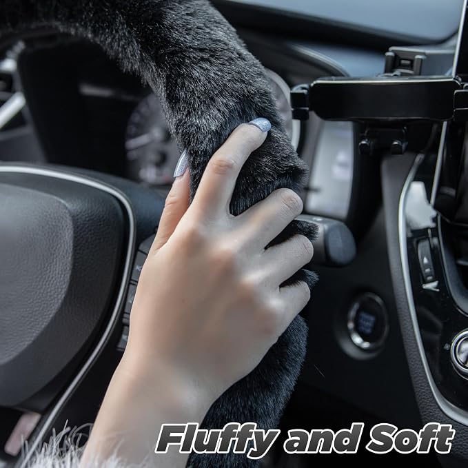 SEG Direct Furry Car Steering Wheel Cover with Fluffy Gear Shift Cover Soft Warm Non-Slip Car Decoration for Men Women Girls 2 PCS Set, Black