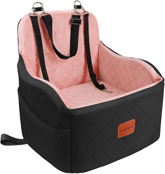 Lealchum Dog Booster Car Seat for Small/Medium Dogs,Puppy Portable Car Bed with Elevated Cushion,Fully Detachable and Washable,2 Storage Pockets,Easy to Install (Black/Pink, Medium)