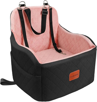 Lealchum Dog Booster Car Seat for Small/Medium Dogs,Puppy Portable Car Bed with Elevated Cushion,Fully Detachable and Washable,2 Storage Pockets,Easy to Install (Black/Pink, Medium)