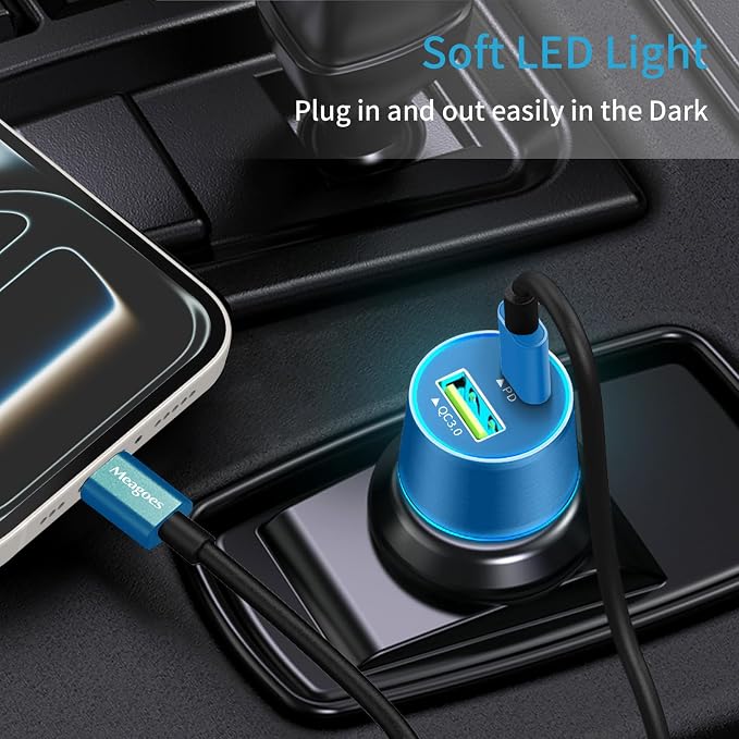 67.5W Blue Car Charger USB C Super Fast Charging, 45W USBC&QC3.0 Port Plug for iPhone 17 Pro Max/Air/16/15/iPad, Samsung S26 Android Cell Phone, Dual 12V Cigarette Lighter Adapter+ 3.3ft Type C Cable