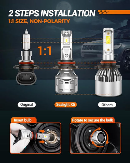 SEALIGHT 9005 H11 60000LM Bulbs, 6500K Cool White 9005 H11 Fog Lights with 15000RPM Cooling Fan, 60,000-hour Ultra-long Lifespan, Plug-N-Play, Pack of 4