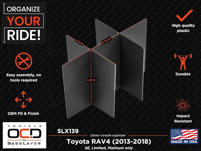 Vehicle OCD - Center Console Organizer for Toyota RAV4 (SE, Limited, Platinum ONLY) (2013-2018) - Made in USA - SLX139
