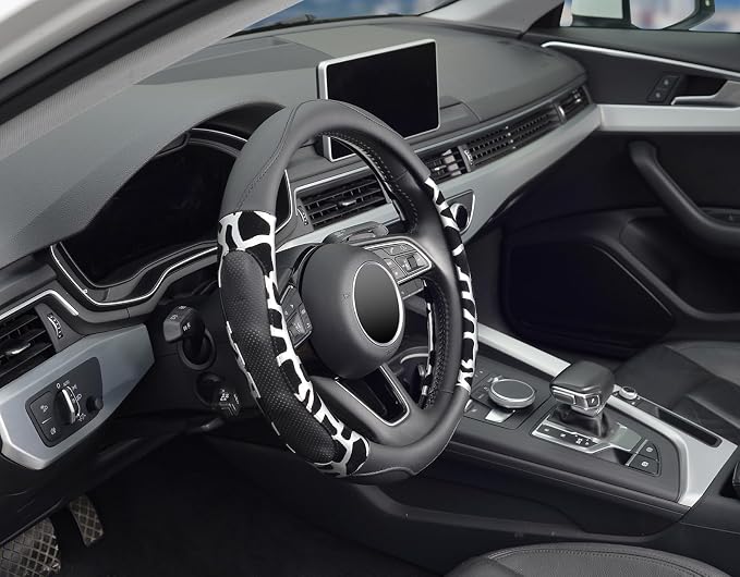 ZHOL Car Steering Wheel Cover, Universal 15 inch Breathable Microfiber Leather Steering Wheel Protector, Anti Slip Car Interior Accessories, Black&Silver