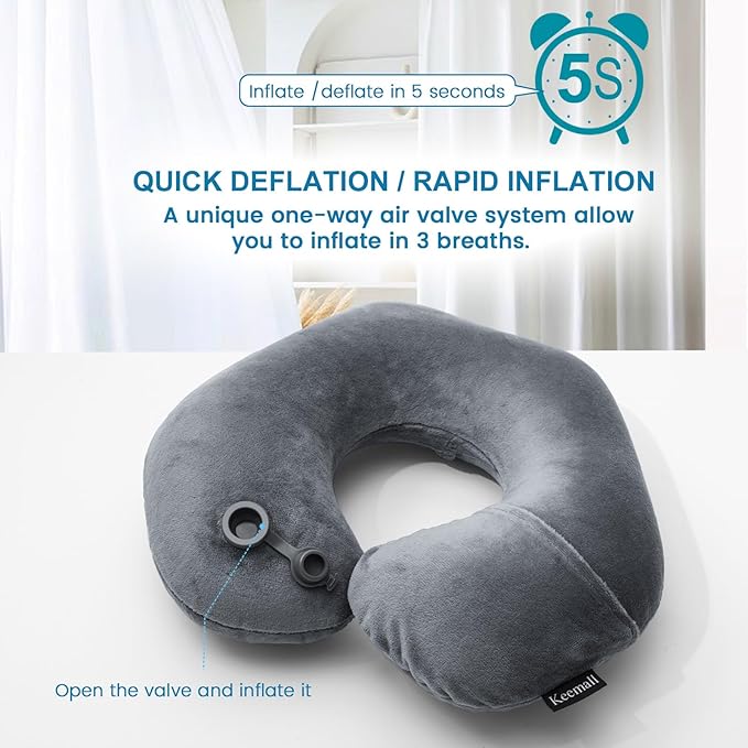 Keemall Inflatable Travel Neck Pillow, Super Soft Plane Neck Support Pillow for Travel Ariplane Sleep Support, Adjustable Neck Cushion Headrest Pillow, Folds Up Nicely, Black Grey