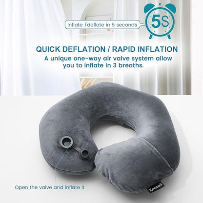 Keemall Inflatable Travel Neck Pillow, Super Soft Plane Neck Support Pillow for Travel Ariplane Sleep Support, Adjustable Neck Cushion Headrest Pillow, Folds Up Nicely, Black Grey