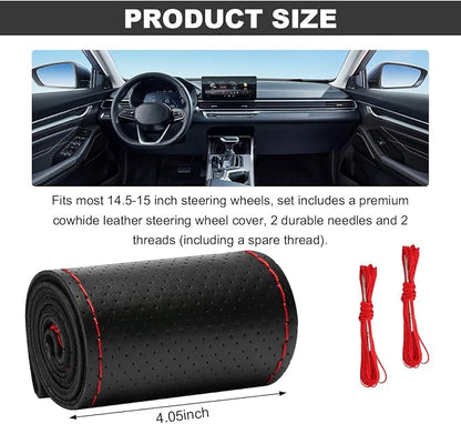 Wevdn Genuine Leather Steering Wheel Cover, Stitch on Wrap, DIY Sewing Steering Wheel Protector, 15 Inch Breathable Non-Slip Steering Wheel Protector, Car Accessories (Black&Red, Full Hole)