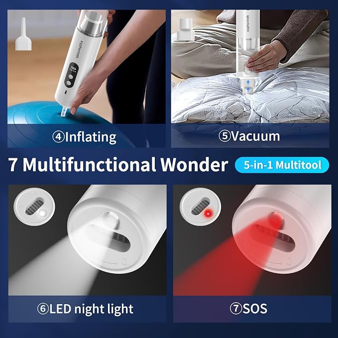 Handheld Car Vacuum Portable Cordless, 16000Pa 5 in 1 Multifunctional Mini Vacuum Cleaner and Air Duster, Rechargeable LED Flashlight with Window Hammer for Car, Pet, Kitchen, House