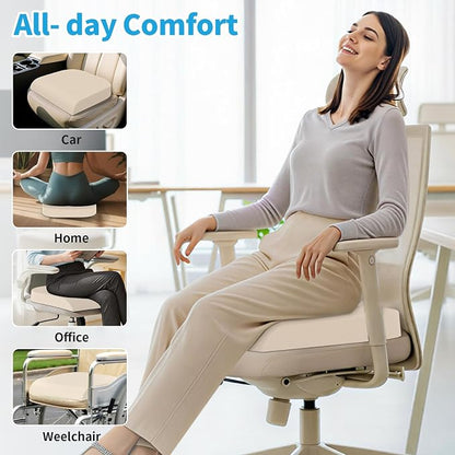 TranquilRelax Large Seat Cushion, Memory Foam Cushion for Long Sitting Hours on Office Chair, Home & Car, Non-Slip Chair Pad for Relieving Back & Sciatica & Hip & Coccyx Pain (Khaki)