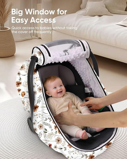 Car Seat Cover Baby Girls, Infant Car Seat Canopy Outdoor, 2 Layers with Mesh and Sun Shade Window for Summer Winter, Easy Access Carseat Covers Snug Fit Baby Stroller - Brown Wildflower