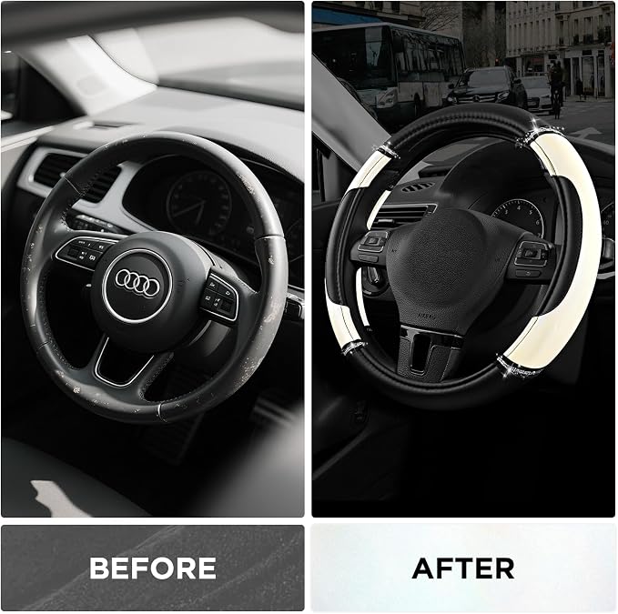 Road Comforts Leather Steering Wheel Cover - Made with PVC Leather - Anti-Slip, Universal Fit 14 1/2 inches to 15 inches - White