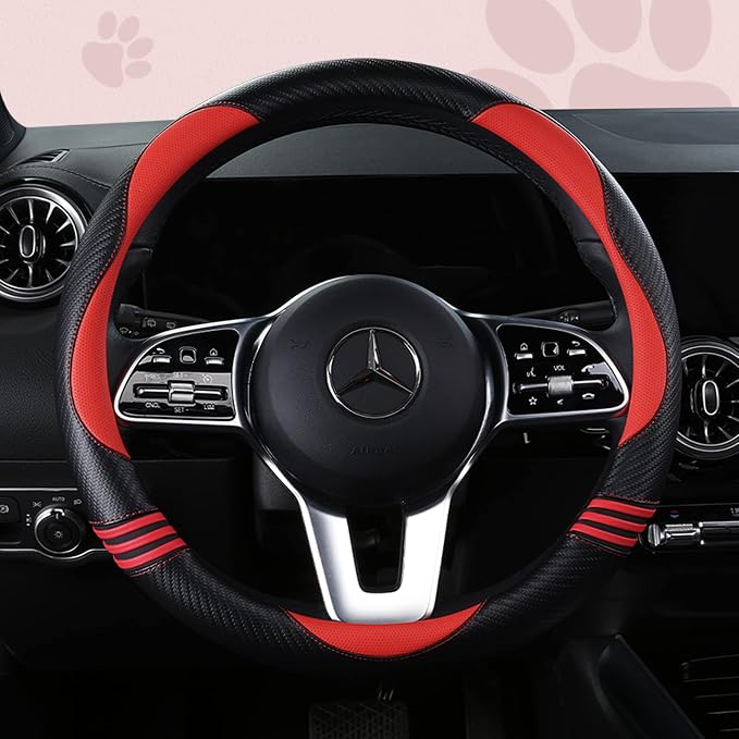 HighnessHwoo Car Steering Wheel Covers for Women Girl Padded Carbon Fiber PU Leather Cute Cartoon Auto Interior Accessories for Jeep, Truck, Universal, Anti Slip, Red, Large Size, 15.2-16in