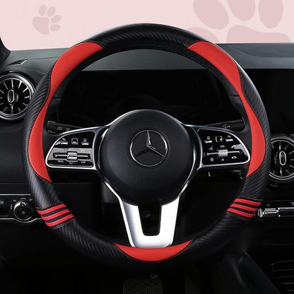 HighnessHwoo Car Steering Wheel Covers for Women Girl Padded Carbon Fiber PU Leather Cute Cartoon Auto Interior Accessories for Jeep, Truck, Universal, Anti Slip, Red, Large Size, 15.2-16in