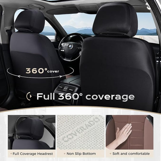 Coverado Full Set Leather Car Seat Covers, Crafted with Full Leather Construction and Carbon Fibre Weave Universal Fit for Most Cars SUV Trucks(Coffee