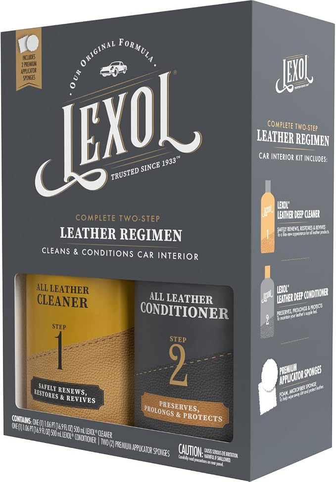 Lexol Leather Conditioner & Cleaner Kit - Premium 2-Step Leather Care for Car Interiors, Furniture, Shoes & Handbags, Includes 2 Sponges, Gift for leather lovers (16 oz Each)