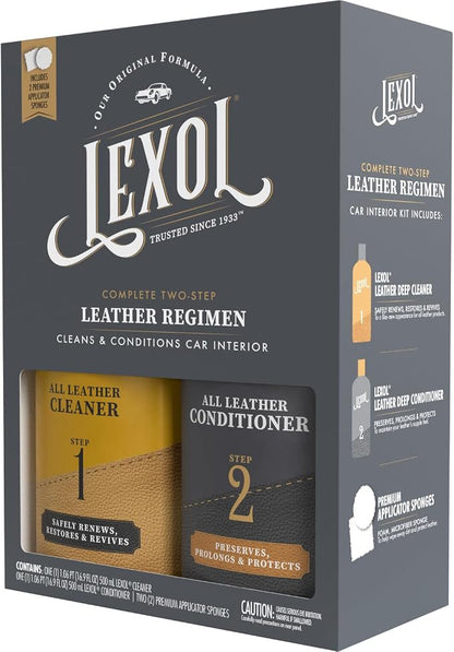 Lexol Leather Conditioner & Cleaner Kit - Premium 2-Step Leather Care for Car Interiors, Furniture, Shoes & Handbags, Includes 2 Sponges, Gift for leather lovers (16 oz Each)