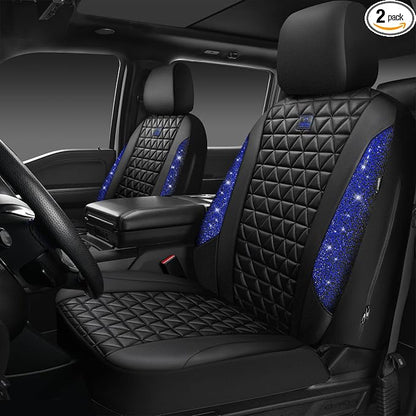 CAR PASS Bling Diamond Black Leather Car Seat Covers for 2 Front Interior Sets, Waterproof Shining Glitter Sparkly Crystal Universal Armrest Fit Automotive Truck SUV Cute Women Girl, Blue Rhinestone