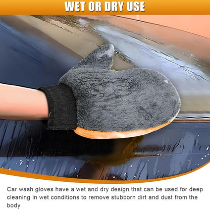 2PCS Car Wash Mitt, Coral Fleece Microfiber Dusting Mitt with Thumb, No Scratch No Lint Cleaning Glove with Elastic Wrist Cuff, Reusable Car Washing and Detailing Supplies (Thumb)