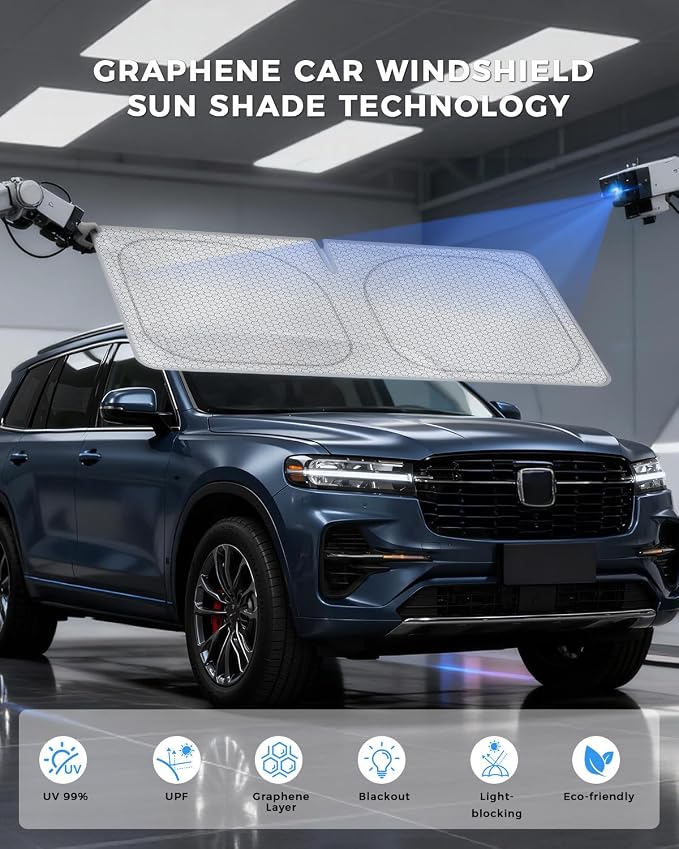 helloleiboo Graphene Car Windshield Sun Shade Car Sun Shade for Windshield with Heat Absorption Coating Foldable Design with UV Protection to Keep Your Car Interior Cooler Silver (Medium-59 × 30 in)