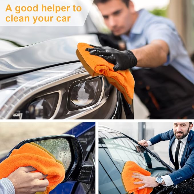 Shimeyao 30 Pcs 16 x 16 Inch Edgeless Microfiber Plush Towels for Cars Detailing Drying Wash Polishing Absorbent Cleaning Cloths, 500 GSM (Orange)