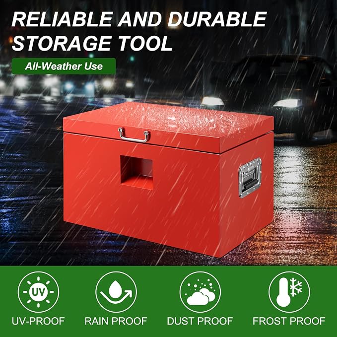 24" Truck Tool Box,Heacy Duty Metal Storage Organizer with Strong locking tongue,Trailer Tongue Box with Safe Hinge, for Truck,Pickup,RV,Garage,Best gift for family and friend,Red Power Coating