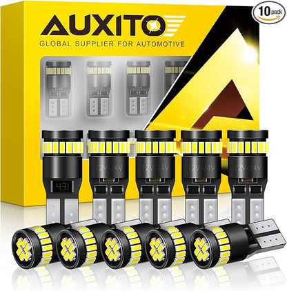 AUXITO 194 LED Light Bulb 6000K White 168 2825 W5W T10 Wedge 24-SMD 3014 Chipsets LED Replacement Light Kit Error Free for Car Interior Dome Map Door License Marker Lights, Pack of 10