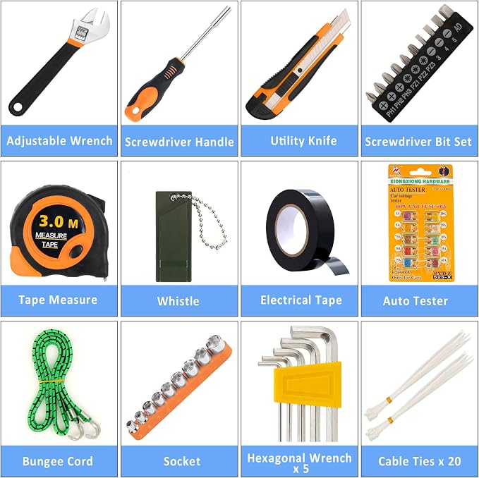 82Pcs Car Roadside Emergency Kit with Jumper Cable - Automotive Safety Kit with Shovel