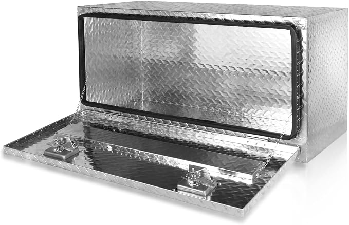 FORWODE 36x17x18 Inch Underbody Truck Tool Box Aluminum Trailer Tool Box with Lock & Foldable T-Handle Waterproof Truck Storage Box for Pickup Truck, Trailer, RV, ATV, Indoor（SILVER）