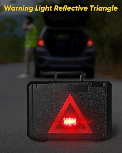 Car Emergency Kit, Roadside Emergency Car Kit with Warning Light Reflective Triangle, Jumper Cable, Tow Strap, Flashlight, First Aid Kit, Tire Pressure Gauge, Safety Hammer Car Tool Kit