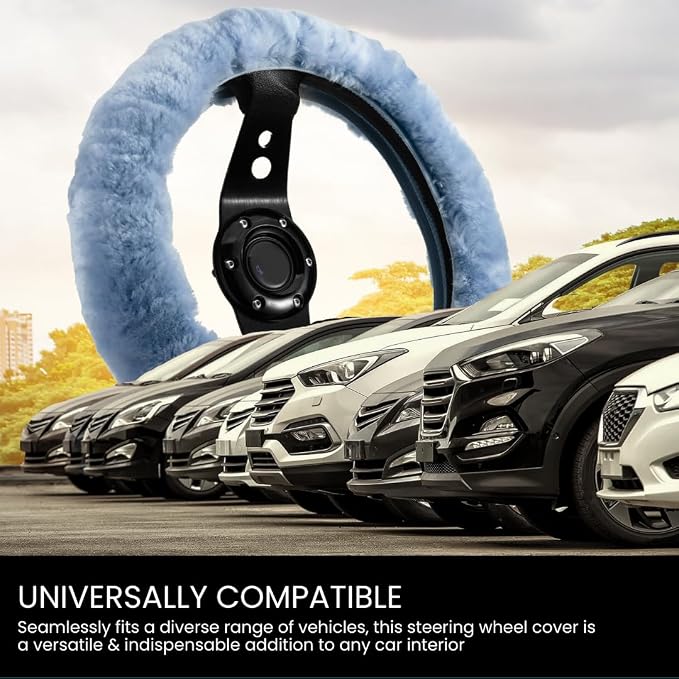 Andalus Brands Luxury Fluffy Car Steering Wheel Covers – Genuine Merino Sheepskin, Soft Fuzzy Car Steering Wheel Cover for Women, Universal 14.5-15" Size, Plush Fur Cute Auto Accessories, Blue Gray