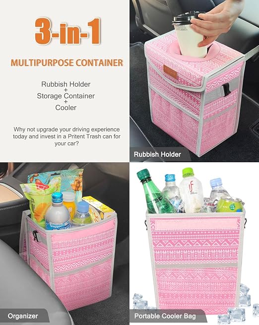 Pritent Car Trash Can with Lid, Cute Leakproof Car Trash Garbage Bag Hanging Vehicle Trash Bin Small Portable Automotive Garbage Cans Organizer for Back/Front Seat/Console(Trapezoid,Pink Print)