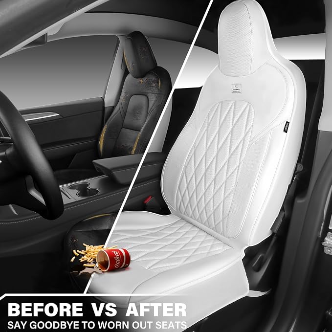 CAR PASS Nappa Leather High Back Front Seat Covers, Tesla Model 3 Model Y Breathable Faux Leather Front Bucket Seat Covers, Anti-Slip Airbag Compatible Universal Fit for Sedan SUV Van Truck, White