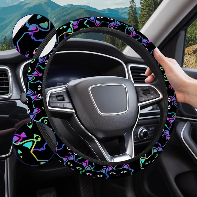 GENANY Neon Cat Steering Wheel Cover, Non Slip Polyester Car Wheel Protector for Car SUV Truck, Universal 15 Inch