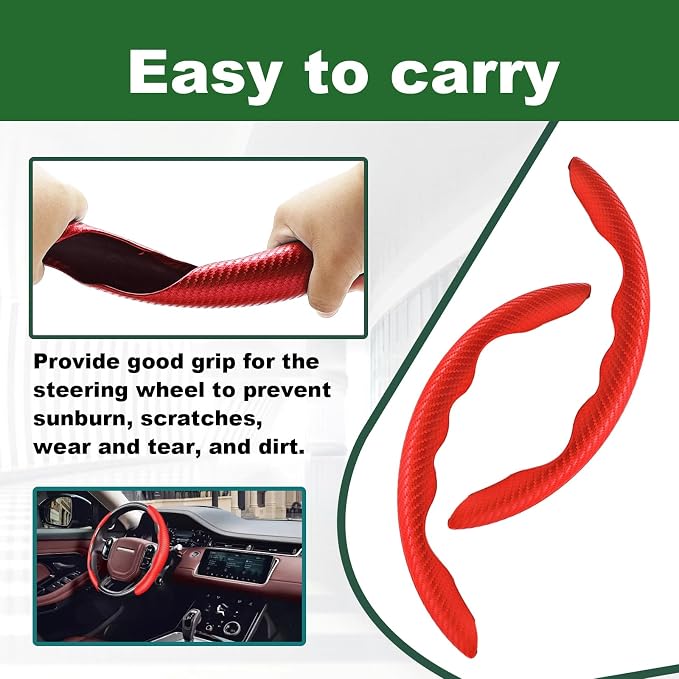 2pcs Carbon Fiber Anti-Skid Steering Wheel Cover, Anti-Skid Steering Wheel Cover/Segmented Steering Wheel Protector/Car Interior Accessories for Men/Women - Durable(Red)