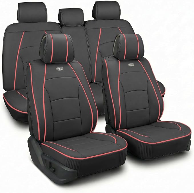 FH Group Ultra Comfort Highest Grade Faux Leather Full Set Car Seat Cushions– Universal Fit for Cars Trucks & SUVs (Black Red Trim)
