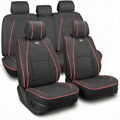 FH Group Ultra Comfort Highest Grade Faux Leather Full Set Car Seat Cushions– Universal Fit for Cars Trucks & SUVs (Black Red Trim)