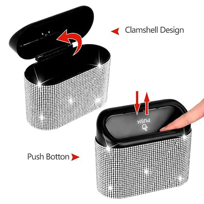 NBTEPEM Bling Car Trash Can with Lid, Mini Auto Garbage Can with 30 Trash Bags, Leakproof Automotive Garbage Container Bin, Bling Car Accessories Trash Can for Women (Silver Diamond)