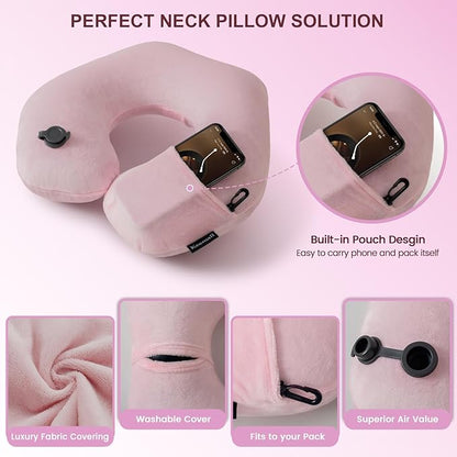 Keemall Inflatable Neck Pillow,Inflatable Travel Pillow Premium Pink U-Shaped with Soft Washable Cover, Compact Portable Airplane Travel Essentials for Flight, Car and Office, Travel Gift for Women