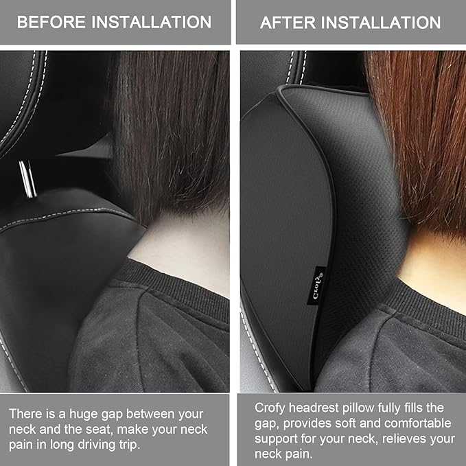 Crofy 2-Pack Car Neck Pillow, Softness Car Headrest Pillow for Driving with Adjustable Strap, 100% Memory Foam and Breathable Removable Cover, Comfortable Ergonomic Design, Black