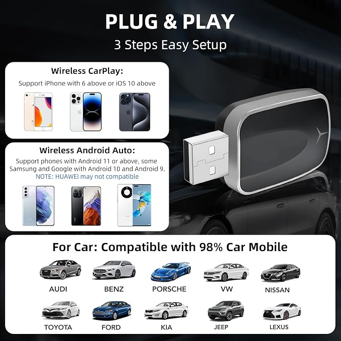 Plug and Play CarPlay Wireless Adapter for Apple iPhone Wireless Android Auto,Fast Auto Connect USB A/Type-C with 927+ Models from 2015 / iOS 10+ / Android 11+