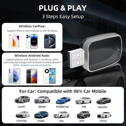 Plug and Play CarPlay Wireless Adapter for Apple iPhone Wireless Android Auto,Fast Auto Connect USB A/Type-C with 927+ Models from 2015 / iOS 10+ / Android 11+