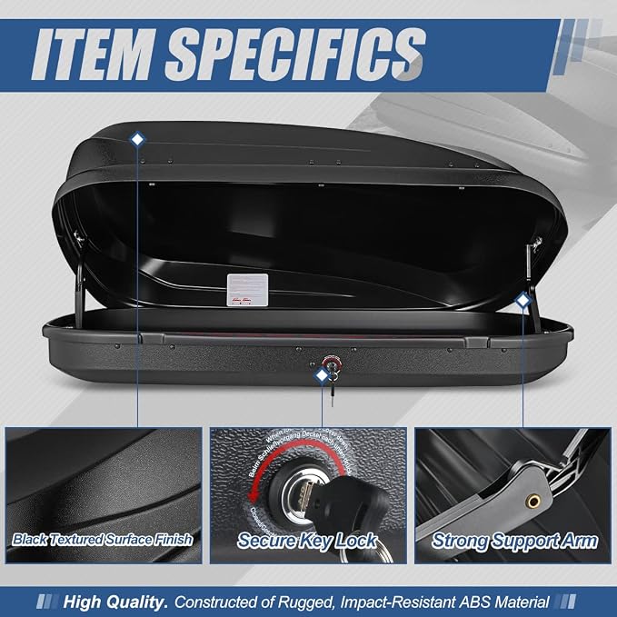 Auto Dynasty Hard Shell Roof Top Mount Car Storage Travel Luggage Box Cargo Carrier, 55 (L) x 34.5 (W) x 14 (H) Inches, Capacity 110 Pounds, 12.7 Cubic Feet (Tool-Free Install), Textured Black Finish